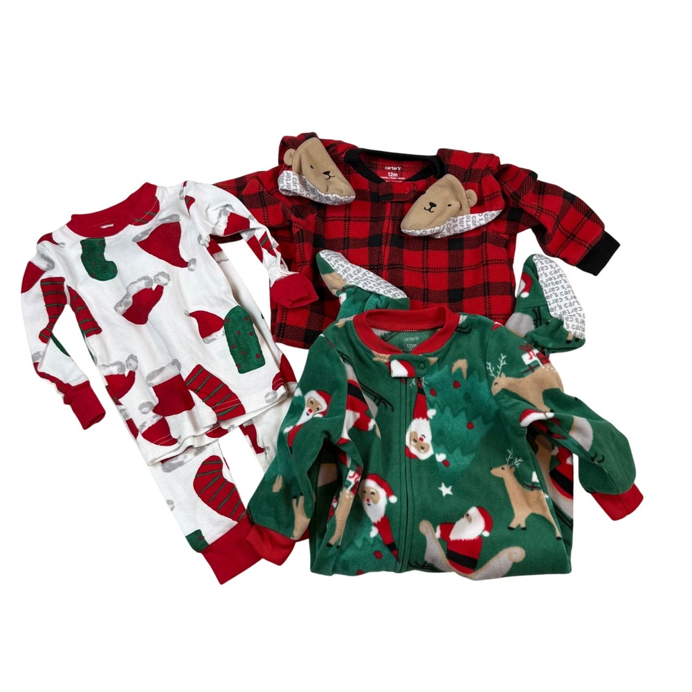 3 Pairs of Carter's‎ Christmas Pajamas - Santa Holiday Sleepwear Size 12 Months